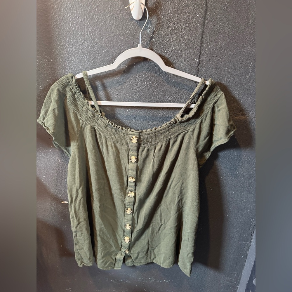 Torrid Olive Green Off the‎ Shoulder Button-Front Blouse